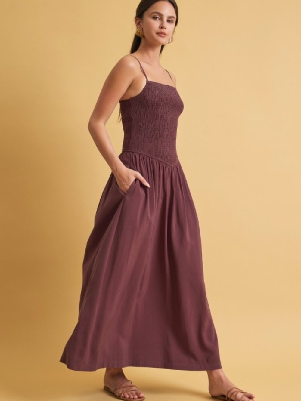 Dropped Waist Smocked Maxi Dress Espresso Brown